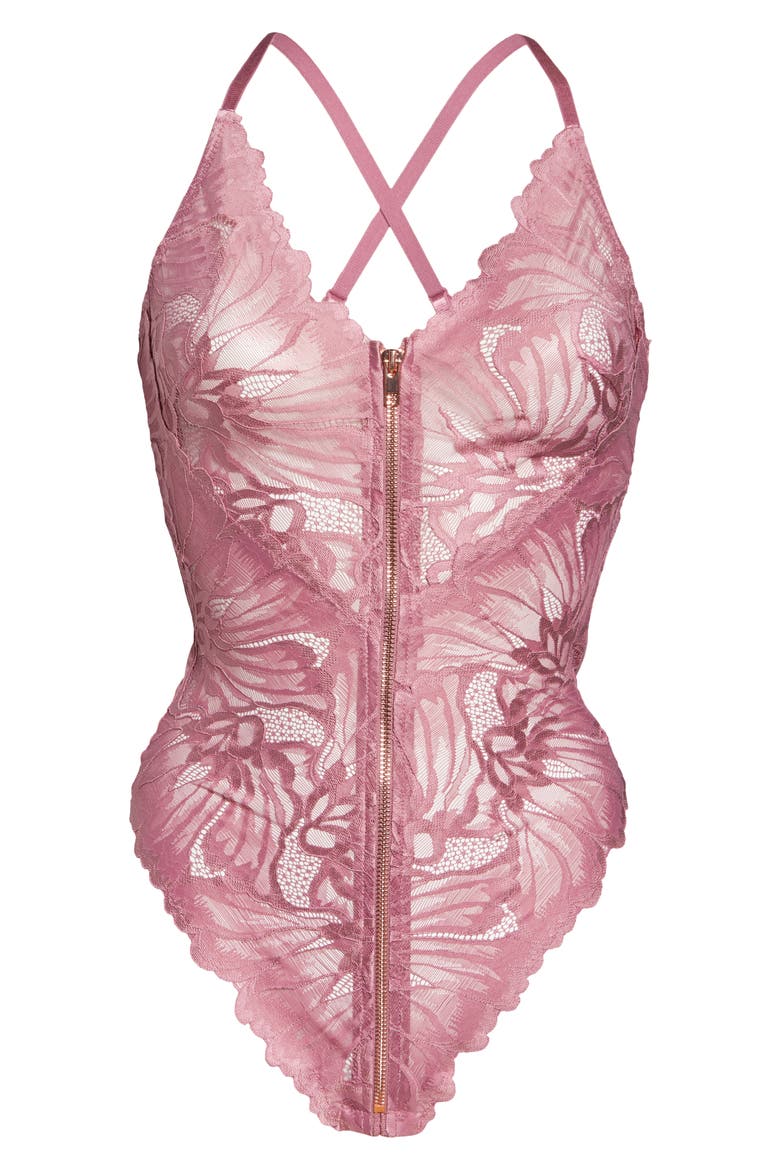 Evette Front Zip Lace Teddy, Alternate, color, HEATHER ROSE