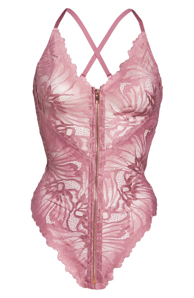 Oh La La Cheri Evette Front Zip Lace Teddy, Alternate, color, 