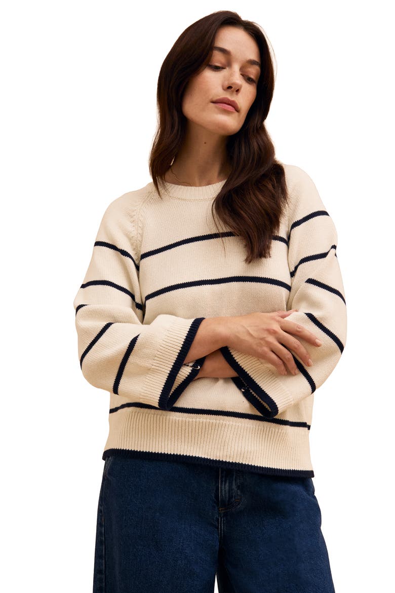 Raglan Crop Sleeve Crew Sweater, Main, color, Ecru Stripe