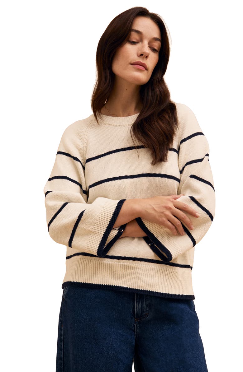 Celtic & Co. Raglan Crop Sleeve Crew Sweater, Main, color, Ecru Stripe