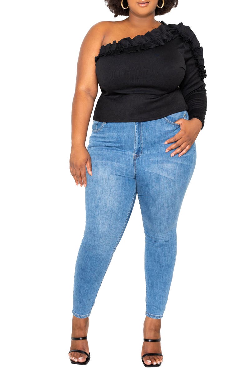 BUXOM COUTURE Cascade Ruffle One-Shoulder Rib Top, Alternate, color, Black