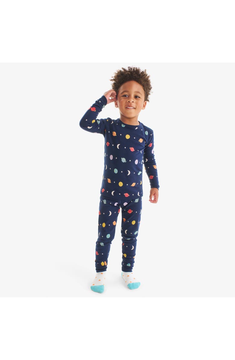 Primary Kids Organic Long Sleeve PJ Top in Rainbow Galaxy, Alternate, color, Navy Planets