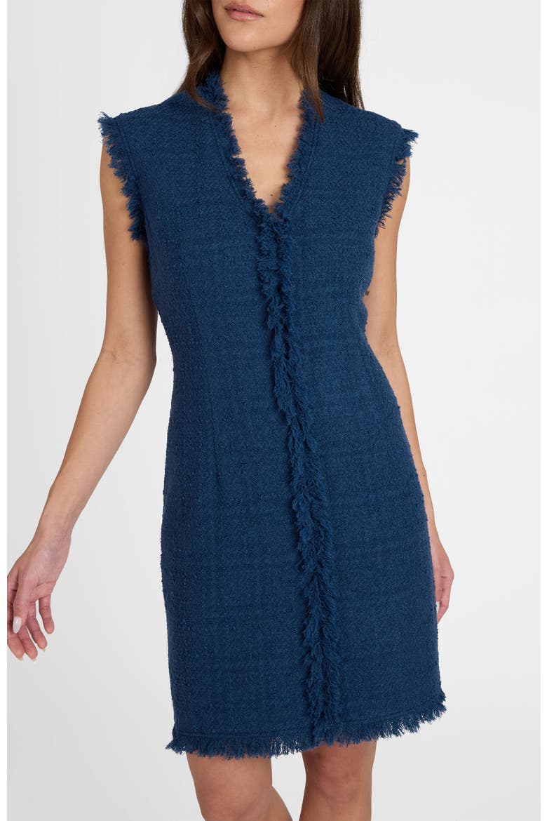 Tuscany Sleeveless V-Neck Tweed Dress with Fringe Detail, Alternate, color, Steel Teal