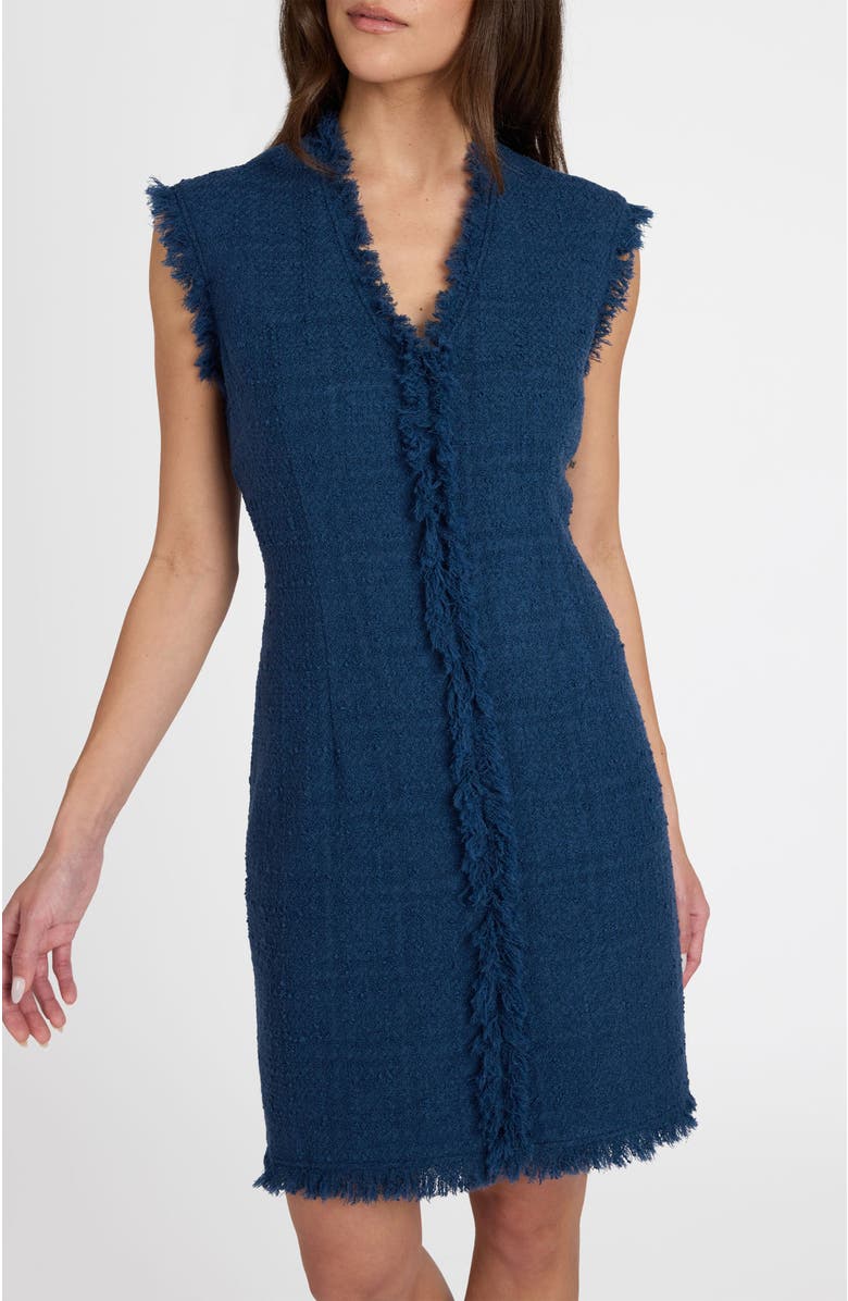 Santorelli Tuscany Sleeveless V-Neck Tweed Dress with Fringe Detail, Alternate, color, Steel Teal