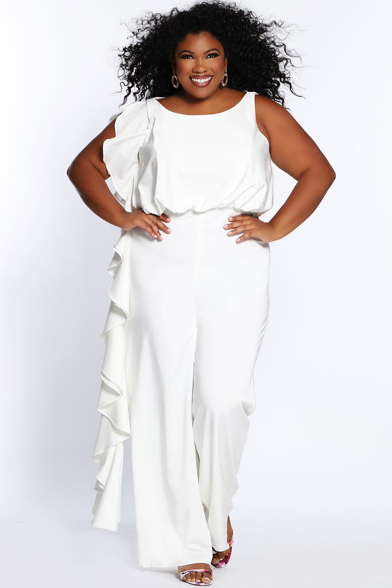 Plus Size Crepe Ruffle Jumpsuit, Main, color, Ivory