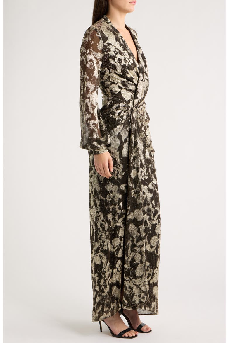 V-Neck Crinkle Metallic Floral Dress, Alternate, color, BROWN/ GOLD