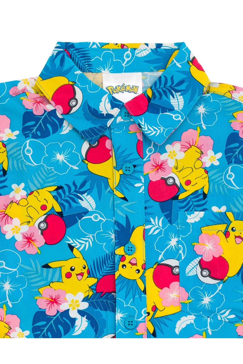 Pikachu Short Sleeve Button Down Shirt, Alternate, color, Blue