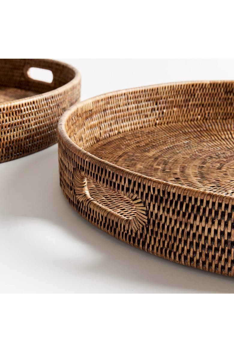 Burma Rattan Round Ottoman Decorative Trays Large Set of 2, Alternate, color, Brown