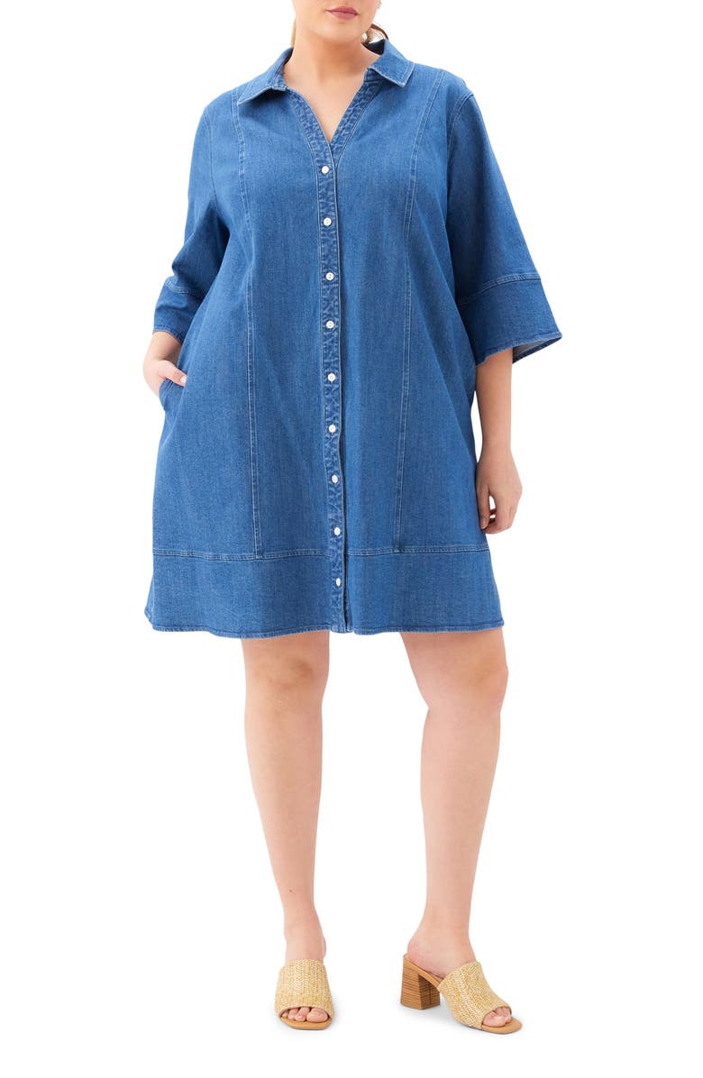 Karen Kane Flare Sleeve Denim Shirtdress, Main, color, Chambray