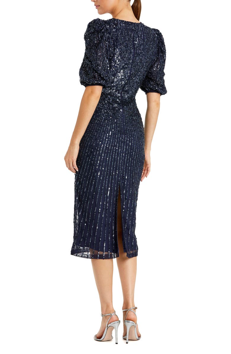Mac Duggal Sequined V-Neck Short Puff Sleeve Midi Dress, Alternate, color, Midnight