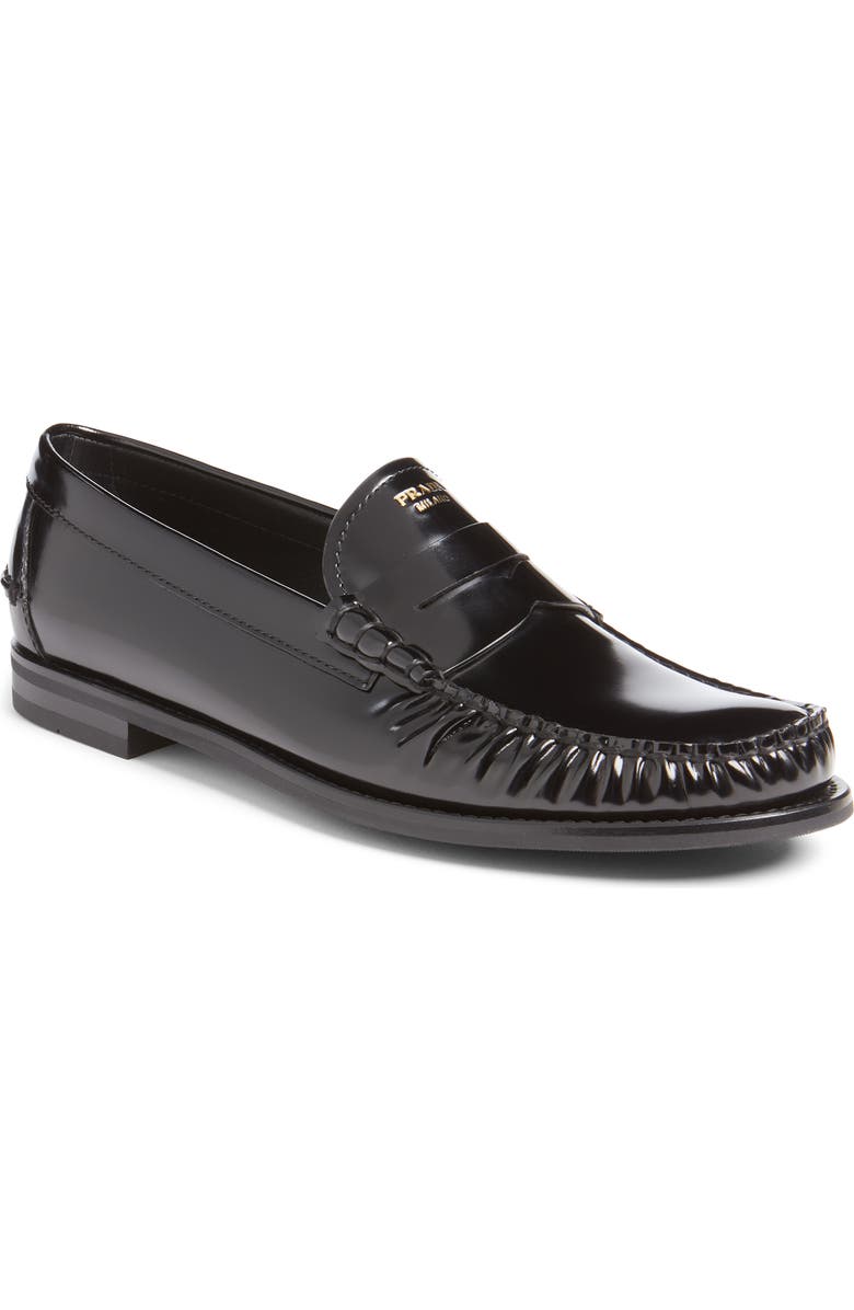 Prada Spazzalato Penny Loafer, Main, color, Nero
