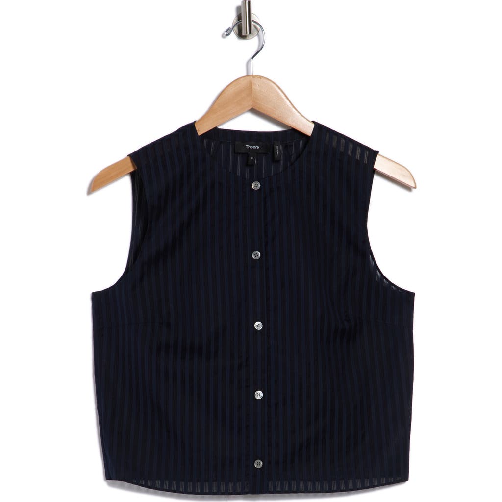 Theory Stripe Sleeveless Crop Button-up Shirt In Blue