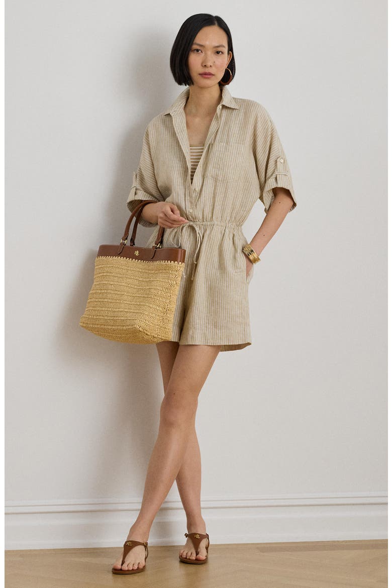 Stripe Linen Romper, Alternate, color, BROWN/ WHITE