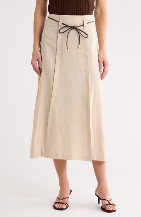 Linen Blend Belted Midi Skirt