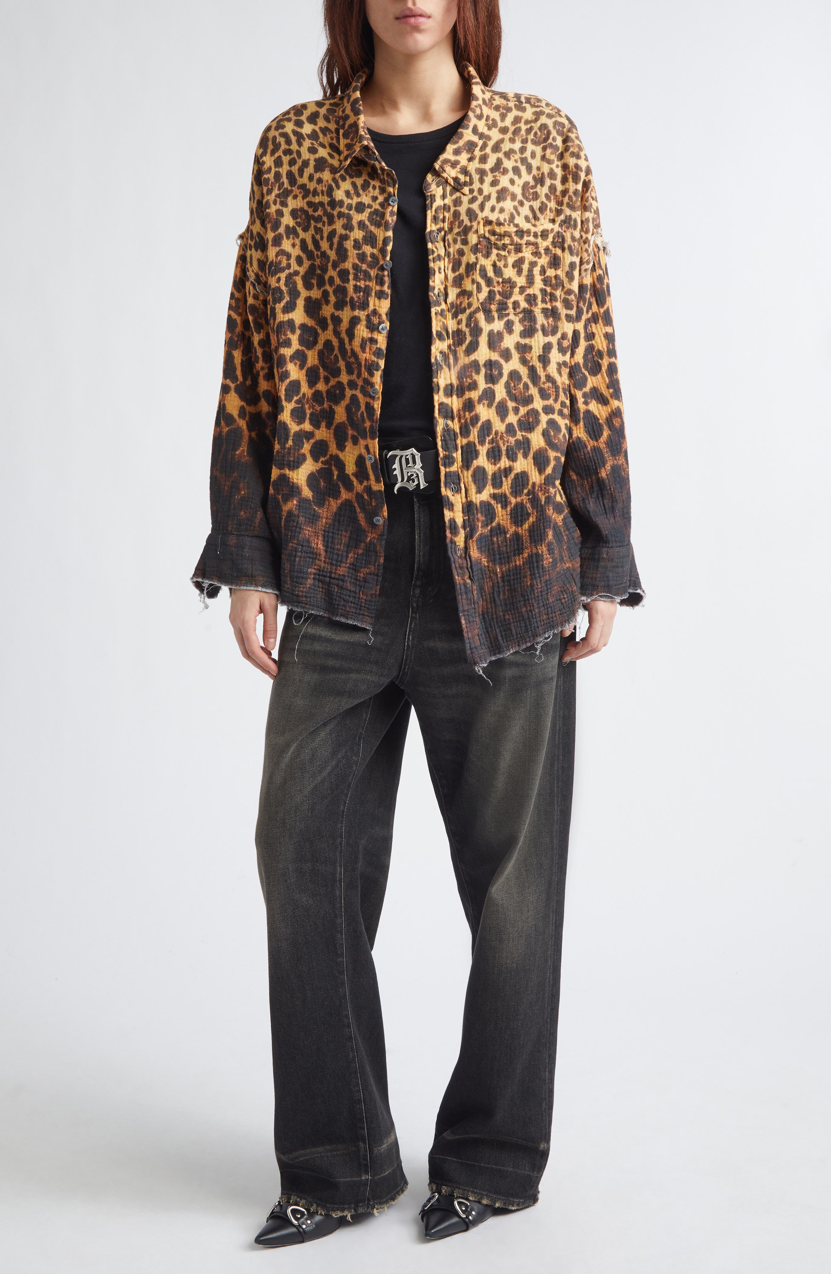 Oversize Shredded Seam Drop Neck Leopard Print Button-Up Shirt