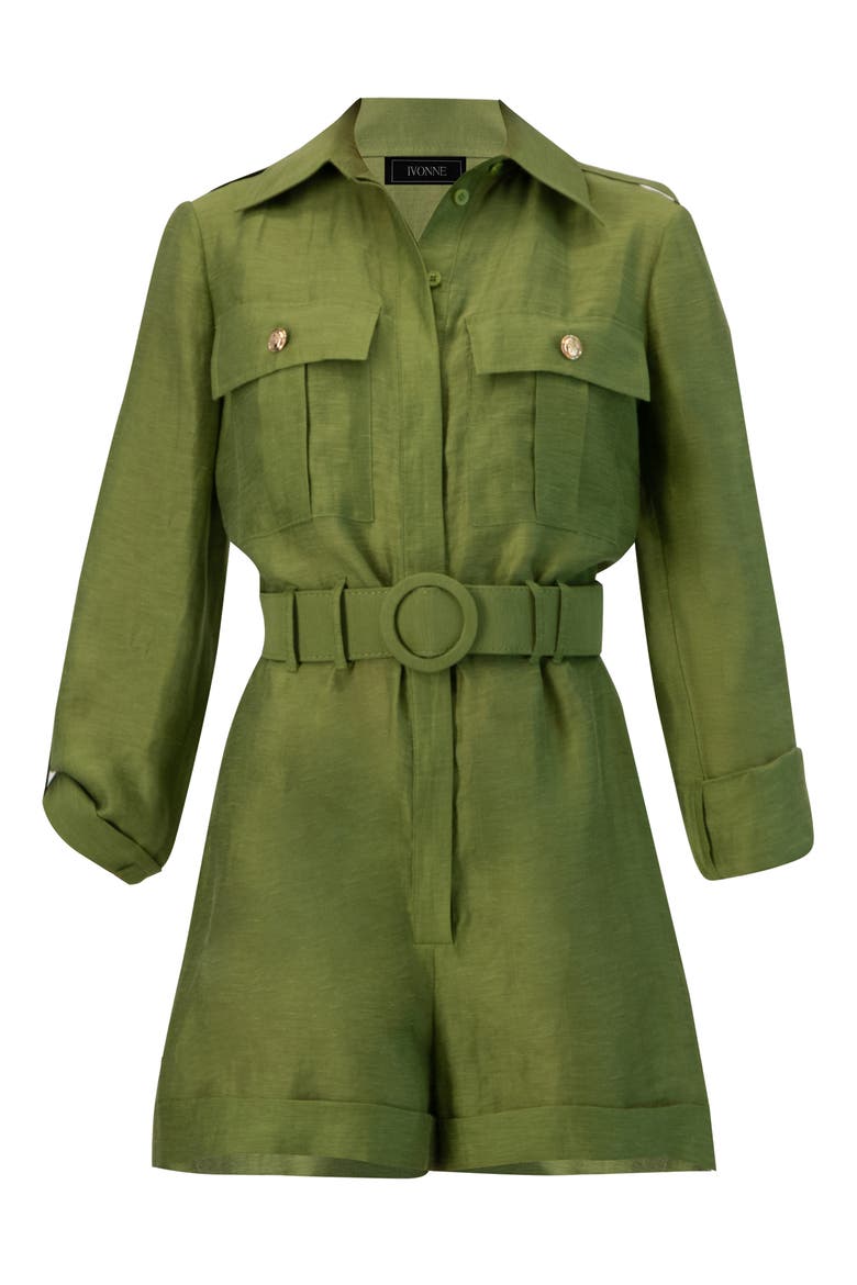 Belted Linen Romper with Cargo Patch Pockets, Alternate, color, Green