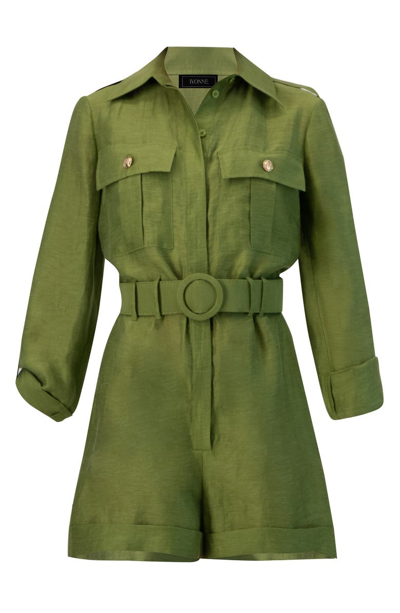 IVONNE Belted Linen Romper with Cargo Patch Pockets, Alternate, color, Green