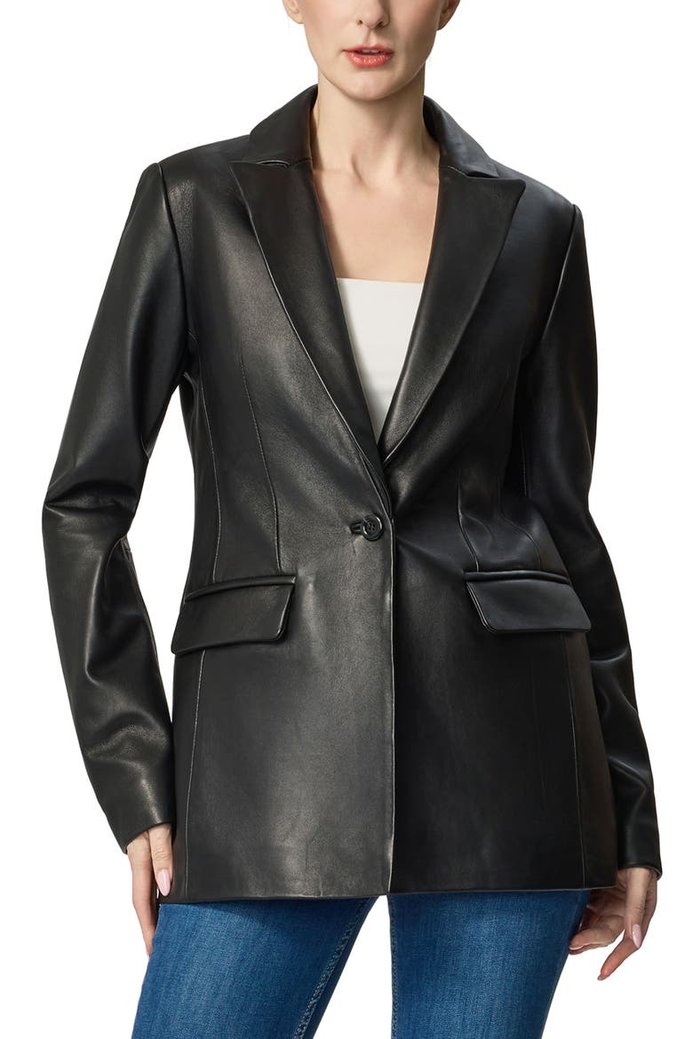 Alexie Leather Blazer, Alternate, color, Black
