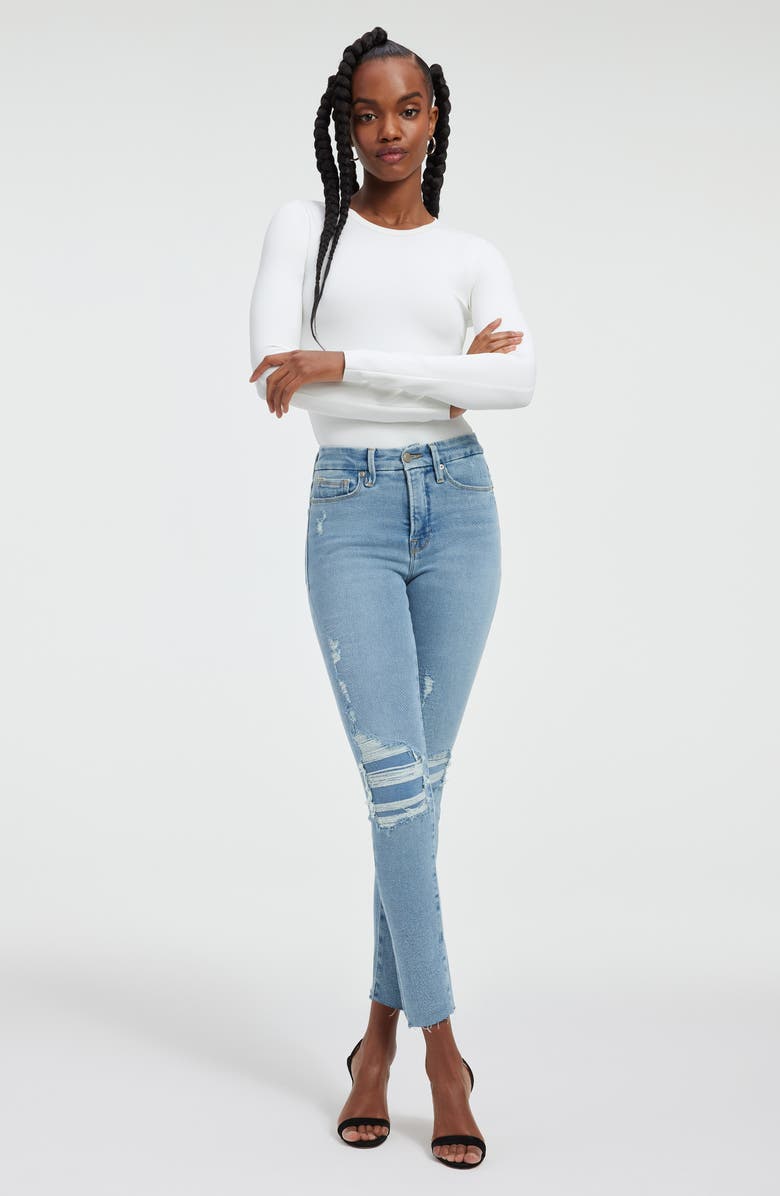 Good American Good Legs Ripped Raw Hem Skinny Jeans, Alternate, color, 