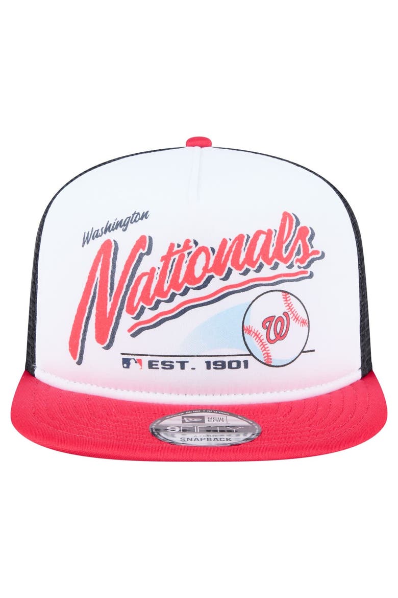 Men's New Era White/Red Washington Nationals Retro Script Trucker 9FIFTY Snapback Hat, Alternate, color, White