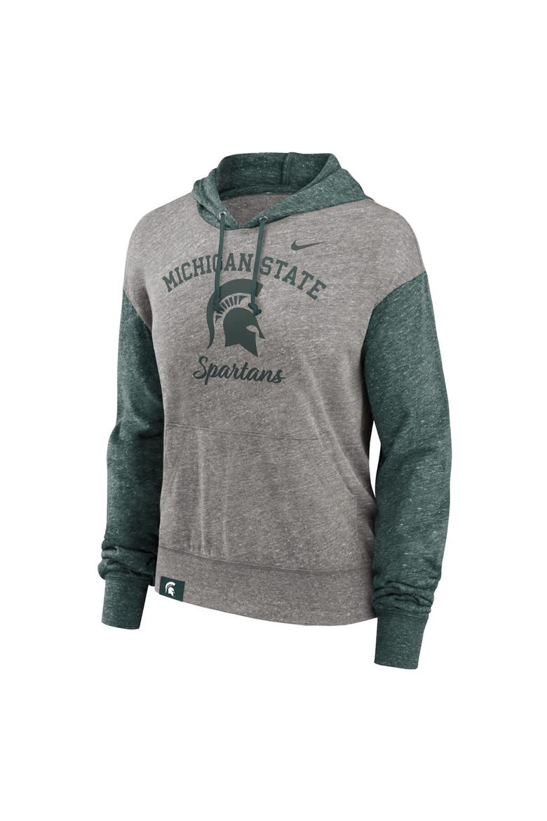 Women's Nike Heather Gray/Green Michigan State Spartans Blitz Color Block Legacy Pullover Hoodie, Alternate, color, Heather Gray