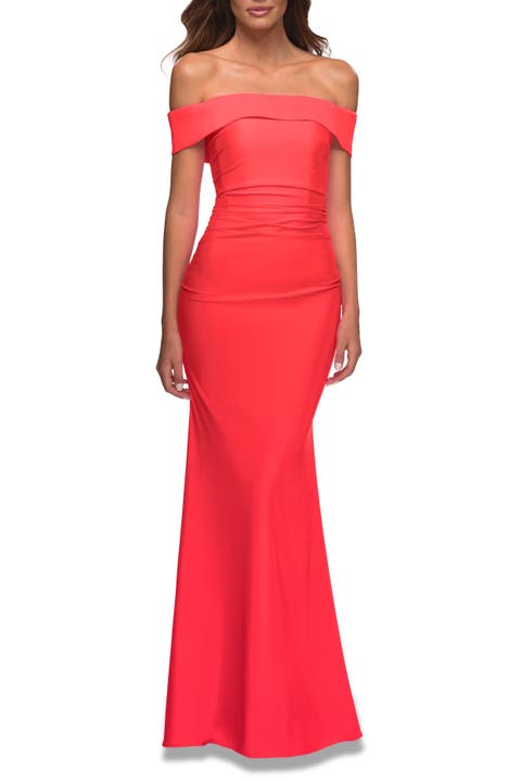 Long Off the Shoulder Ruched Neon Jersey Dress