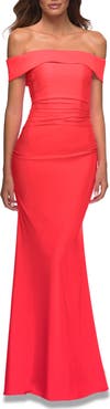 La Femme Long Off the Shoulder Ruched Neon Jersey Dress