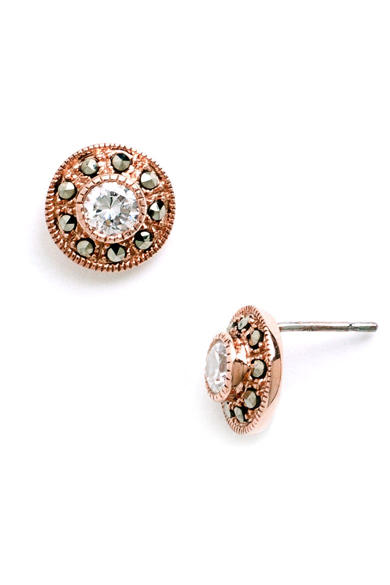Small Crystal Center Marcasite Earrings, Main, color, MARCASITE/ ROSE GOLD