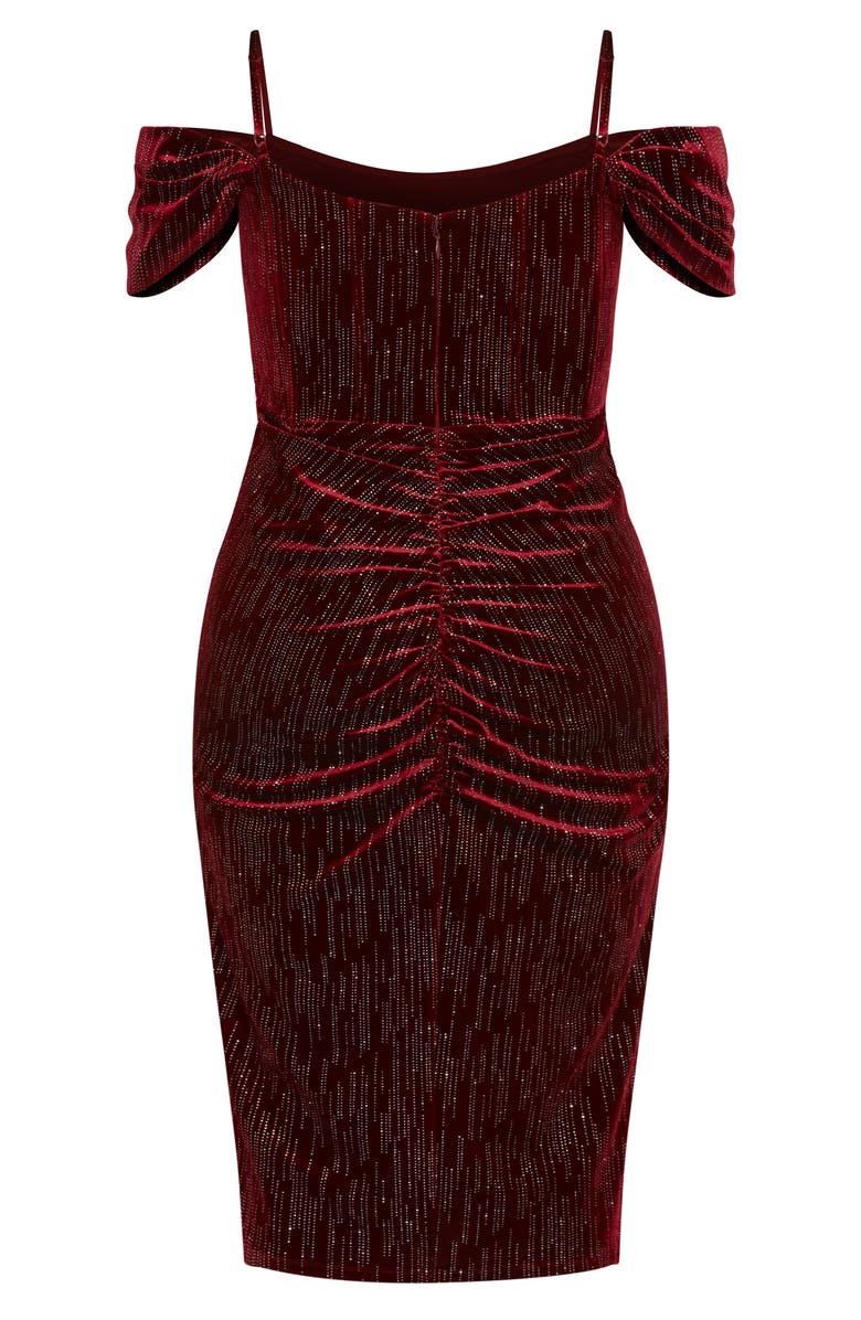 City Chic Jayla Glitter Stripe Cold Shoulder Velour Cocktail Dress, Alternate, color, Berry