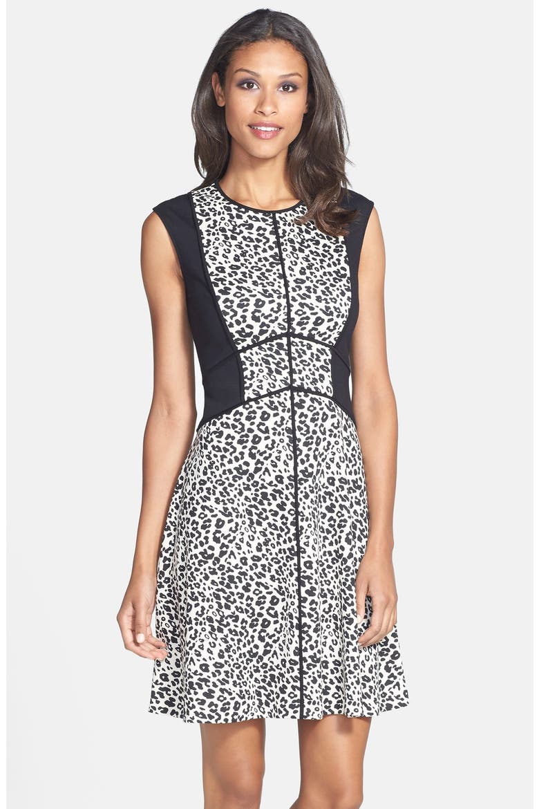 Leopard Print Ponte Knit Fit & Flare Dress, Main, color, BLACK/ ANIMAL