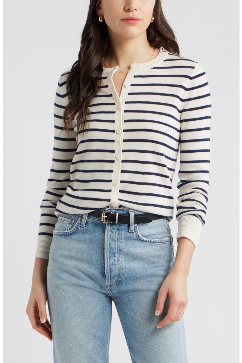 Merino Wool Blend Cardigan, Main, color, IVORY- NAVY JOSEPHINE STRIPE