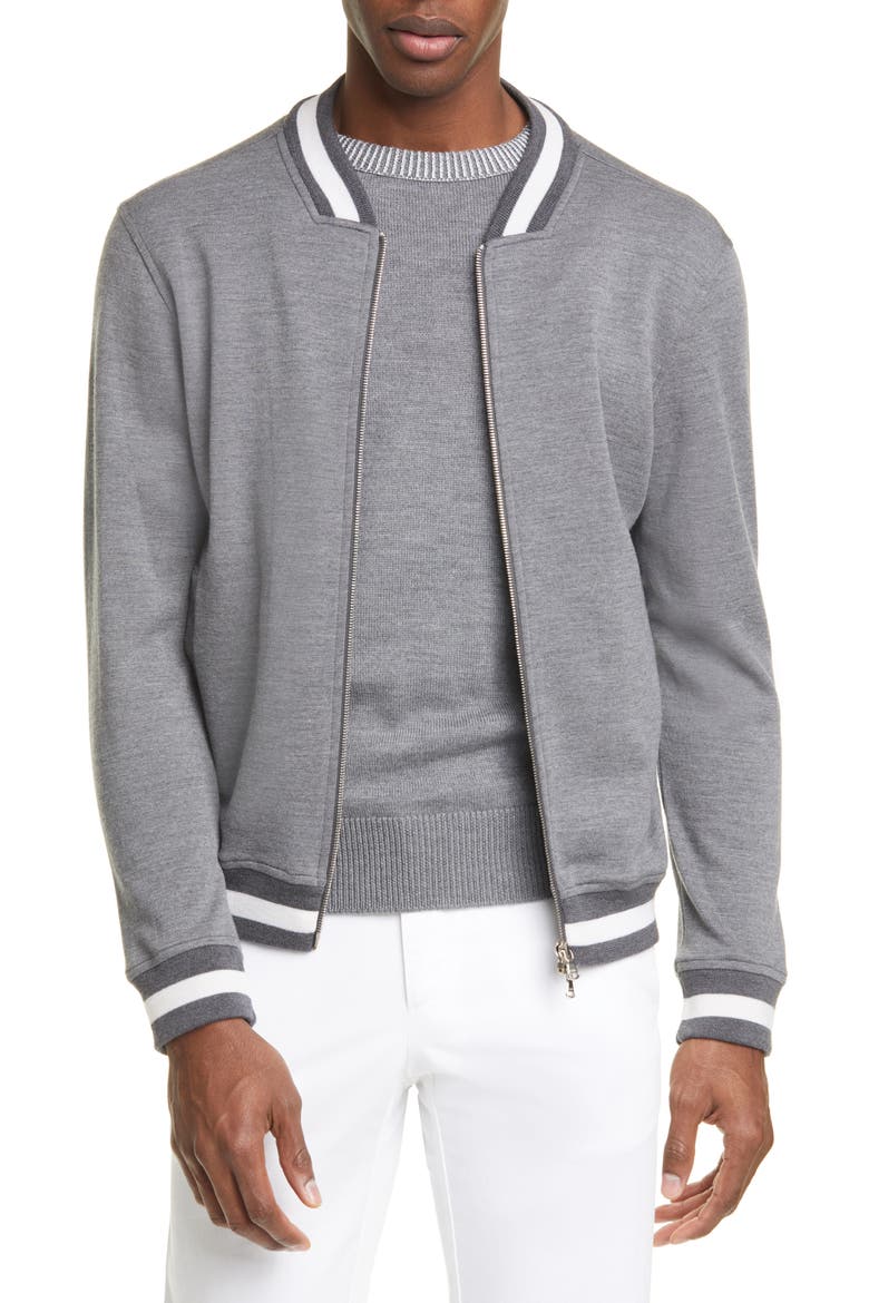 Trim Fit Heathered Wool Baseball Jacket, Main, color, GREY