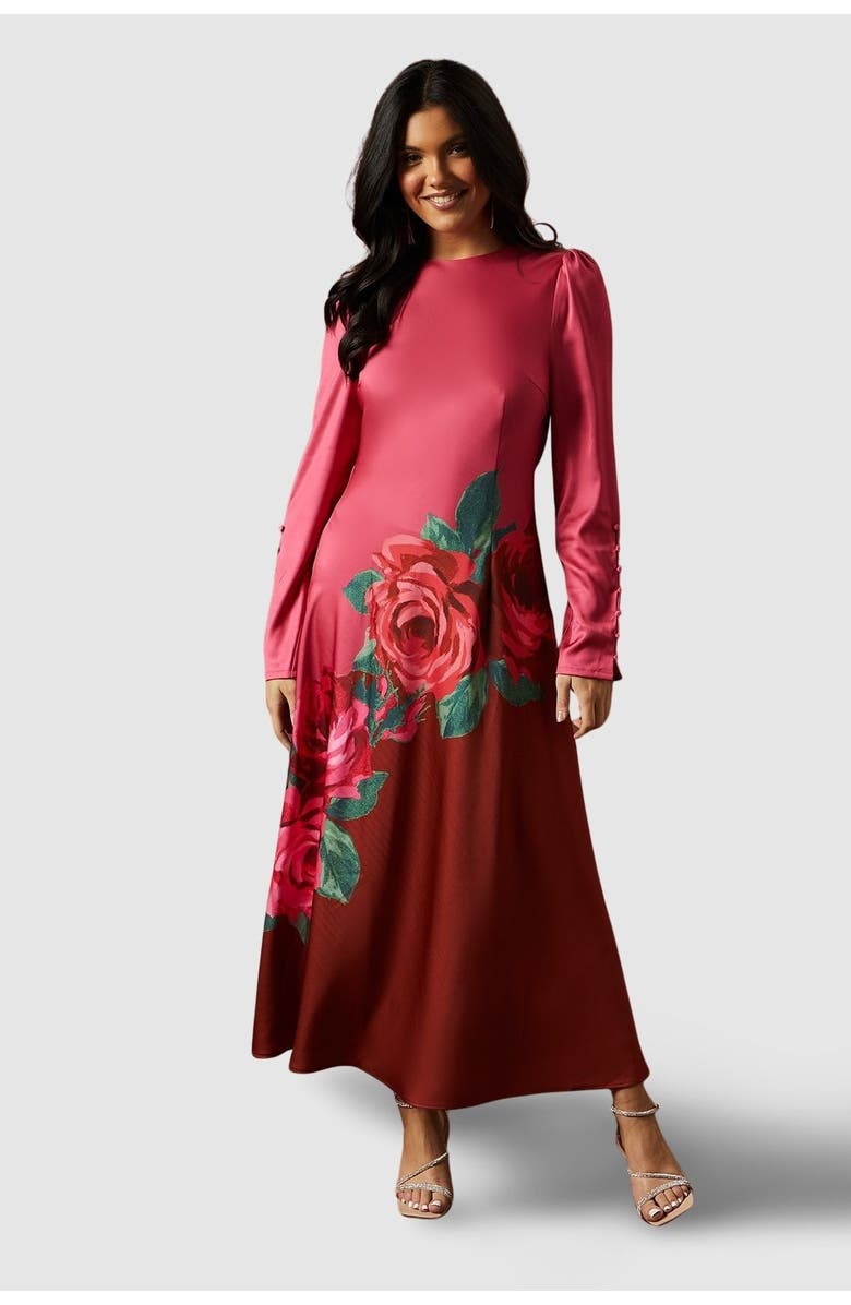 Oasis Premium Satin Placement Print Maxi Dress, Main, color, Pink