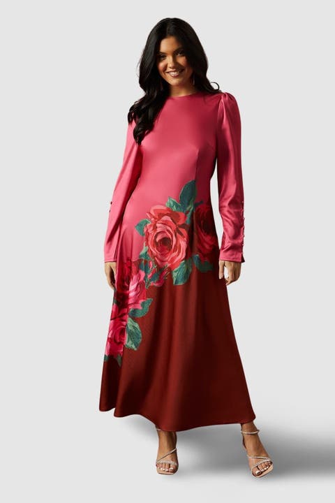 Premium Satin Placement Print Maxi Dress