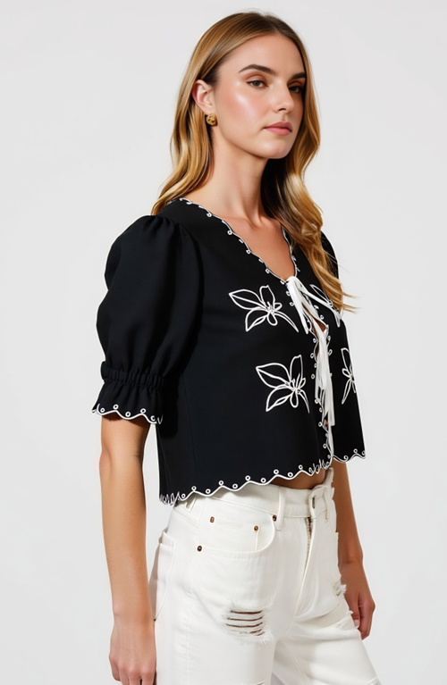 Modenaire Puff Sleeve Tie-front Blouse With Floral Embroidery And Eyelet Trim