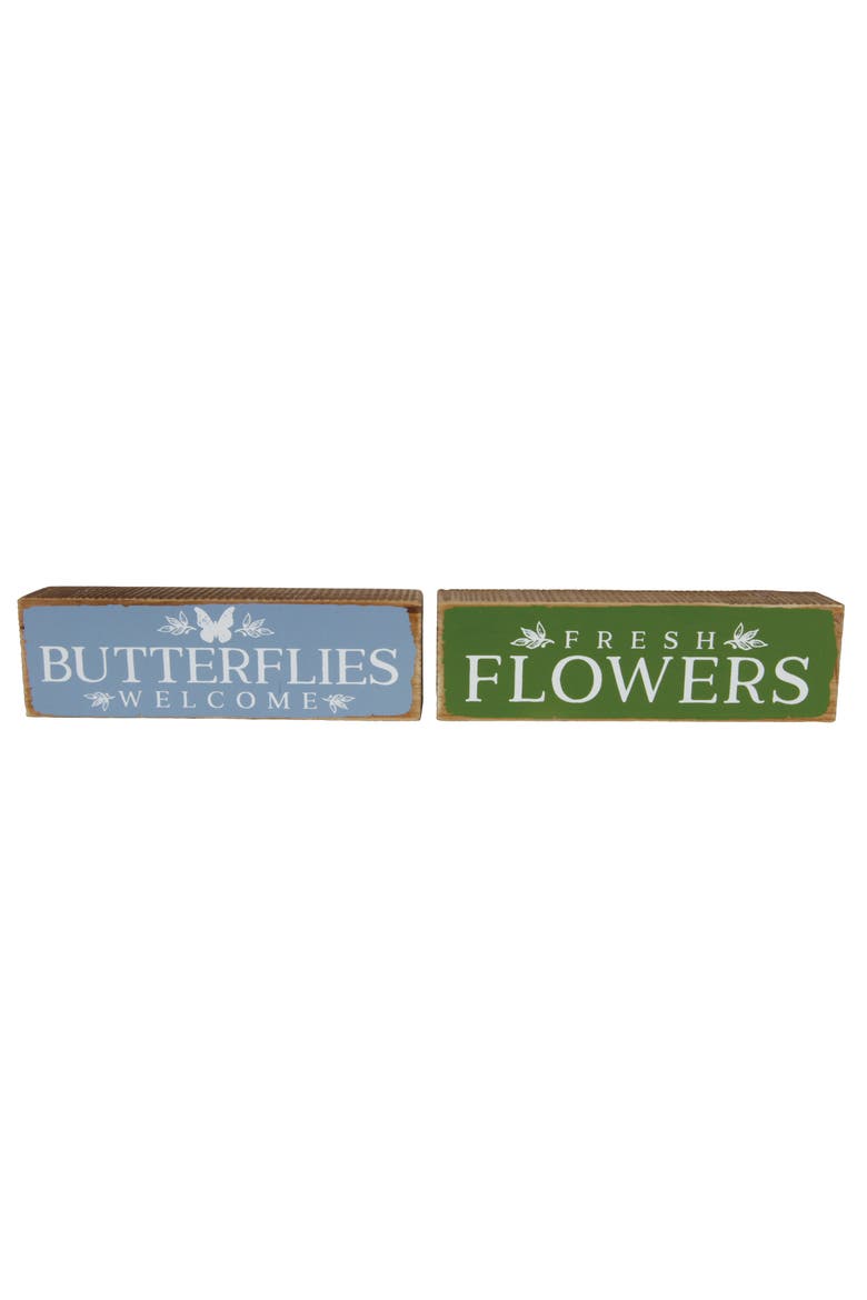 Wood Garden Block Signs Set of 2 Blue and Green for Spring Wall and Entryway Decor, Main, color, Green