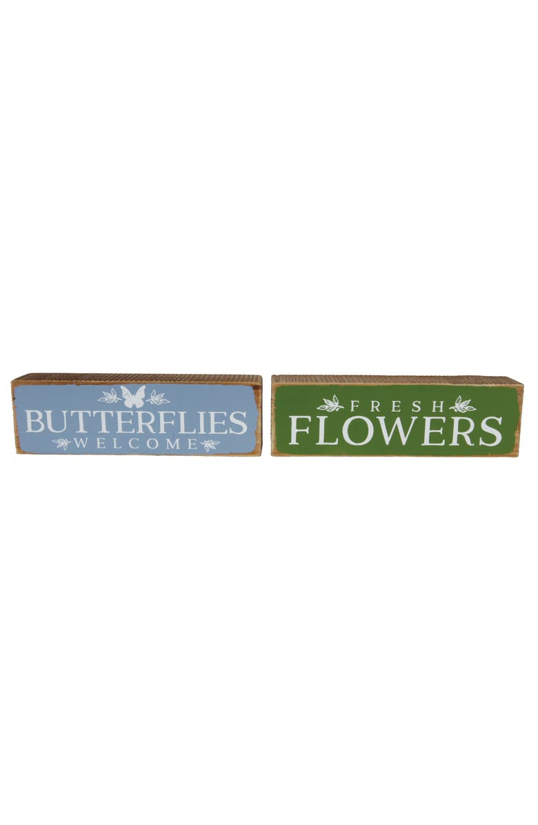 Transpac Wood Garden Block Signs Set of 2 Blue and Green for Spring Wall and Entryway Decor, Main, color, Green