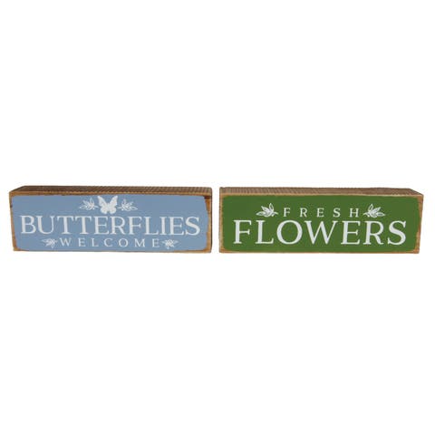 Wood Garden Block Signs Set of 2 Blue and Green for Spring Wall and Entryway Decor