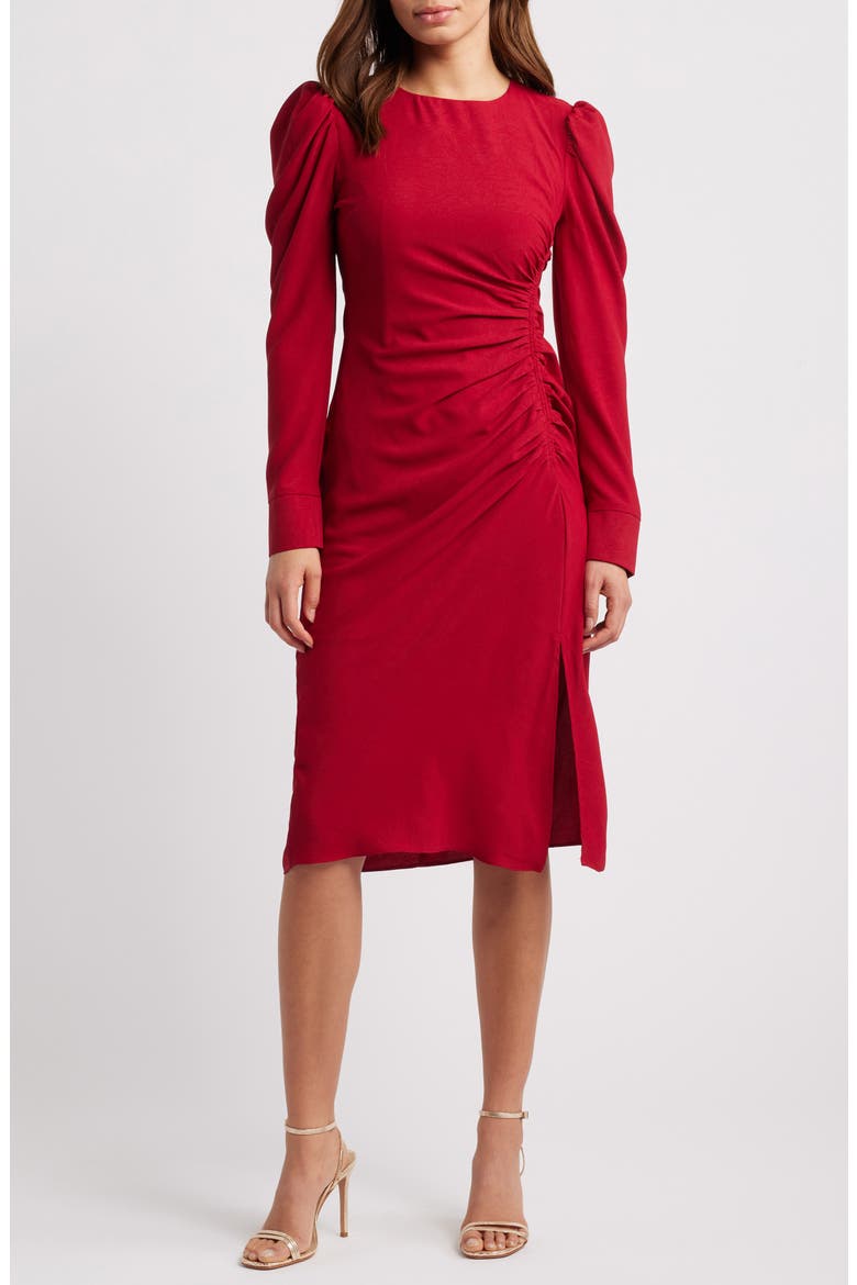 Side Ruched Long Sleeve Midi Dress, Main, color, RED