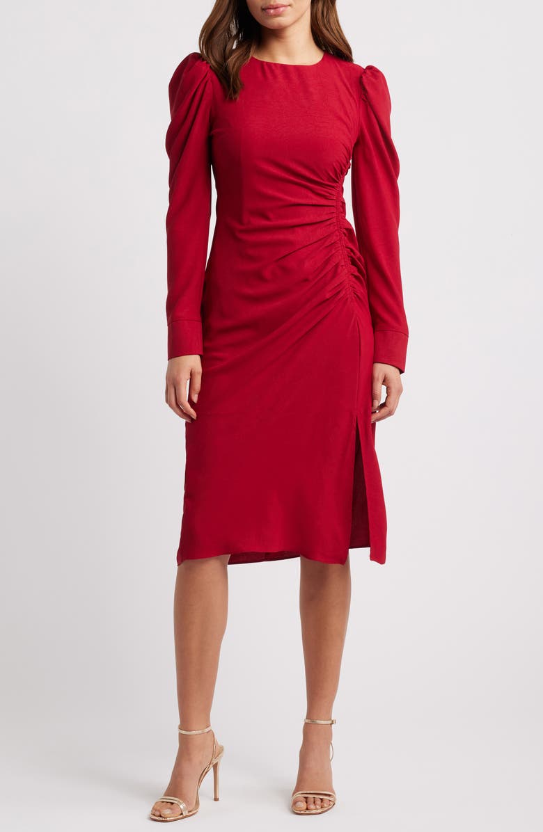 Julia Jordan Side Ruched Long Sleeve Midi Dress, Main, color, Red