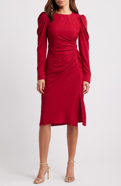 Side Ruched Long Sleeve Midi Dress