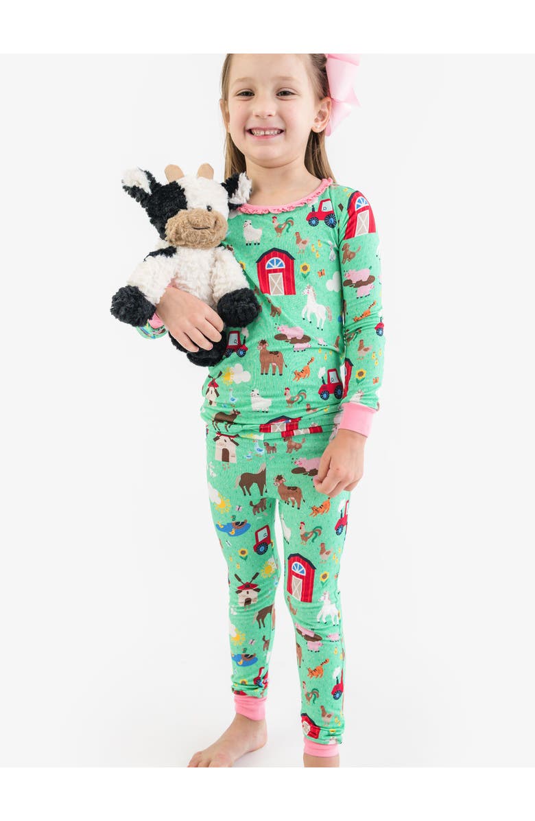 RuffleButts SoftSnooze Ruffle Long Sleeve Pajama Set, Signature Rear Ruffles, Alternate, color, Farm Friends