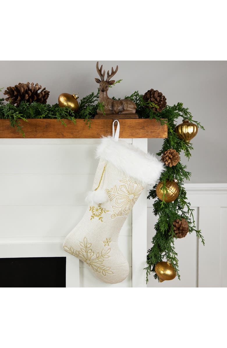 Northlight 20" Cream with Gold Snowflakes Christmas Stocking with Faux Fur Cuff, Alternate, color, White