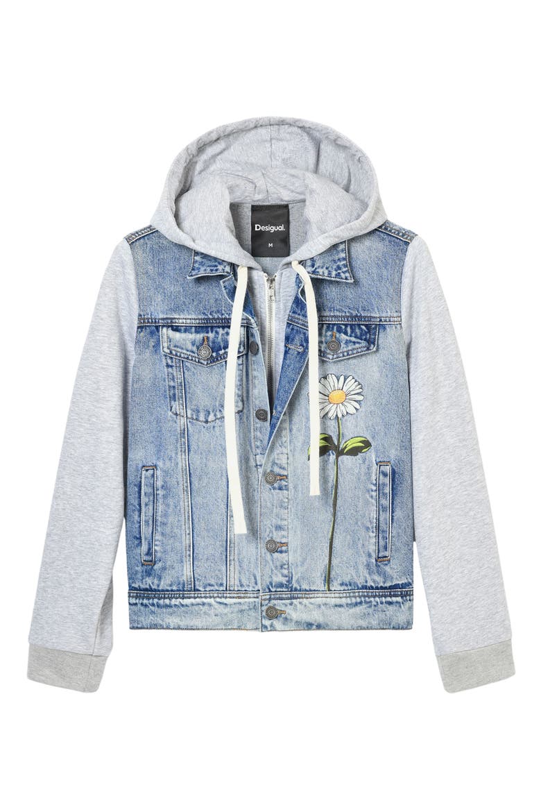 Mixed Media Denim & Cotton Fleece Hoodie, Alternate, color, BLUE