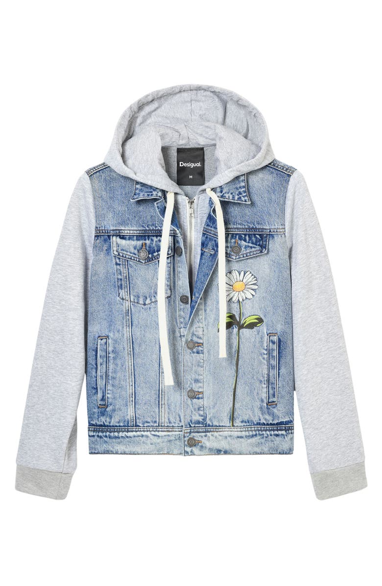 Desigual Mixed Media Denim & Cotton Fleece Hoodie, Alternate, color,