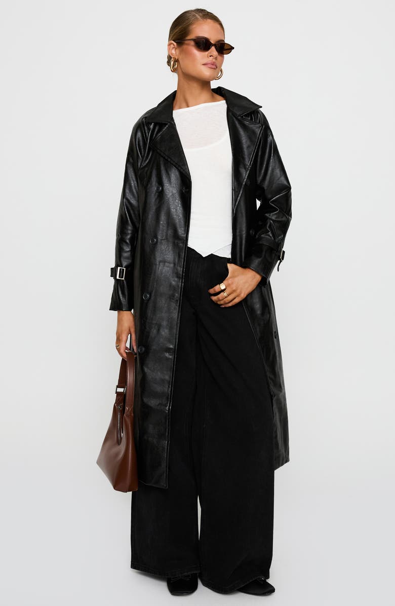 Princess Polly Montanna Double Breasted Belted Faux Leather Trench Coat, Alternate, color,