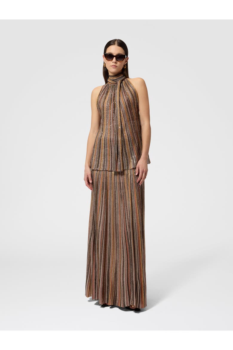 Sleeveless Top In Ribbed Viscose Lamé With Scarf Collar, Alternate, color, Gold& Beige