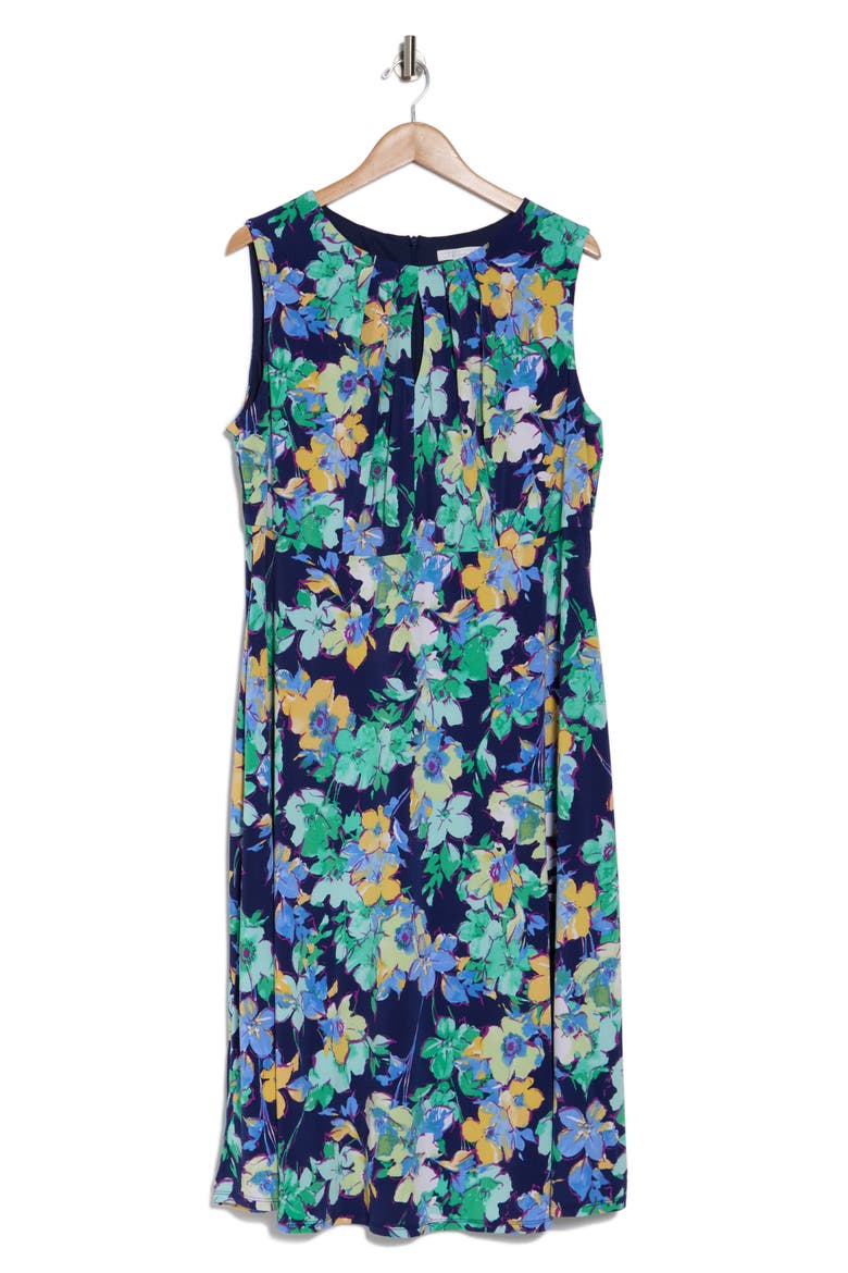 Floral Keyhole Sleeveless Empire Waist Midi Dress, Alternate, color, NAVY TEAL