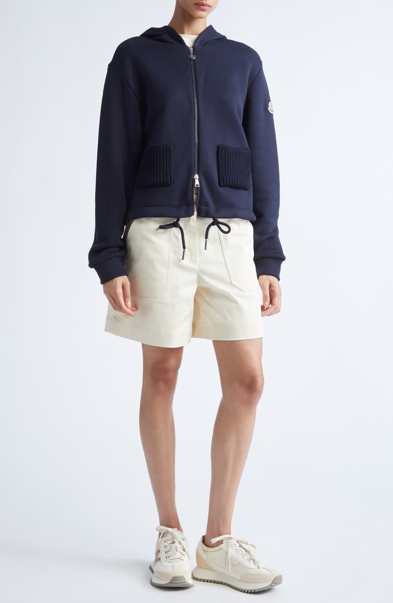 Moncler Knit Accent Cotton Blend Zip Hoodie, Alternate, color, Dark Navy Blue