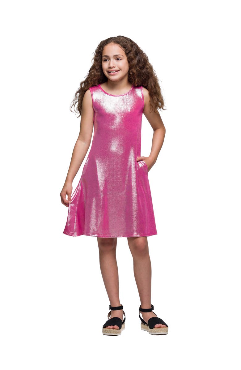 24sevenKid Pink Shimmery Metallic Sleeveless A-Line Dress, Main, color, Pink Metallic